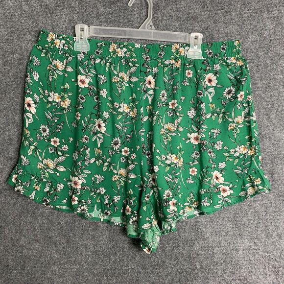 Forever 21 Kelly Green Floral Shorts Ruffle Hem Women 3X Rayon Pullon - Picture 1 of 11